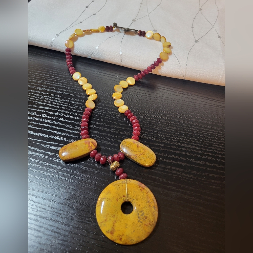 Mookaite Jasper Abalone Necklace  Pendant Handmade Statement Brown Red‎ Ethnic